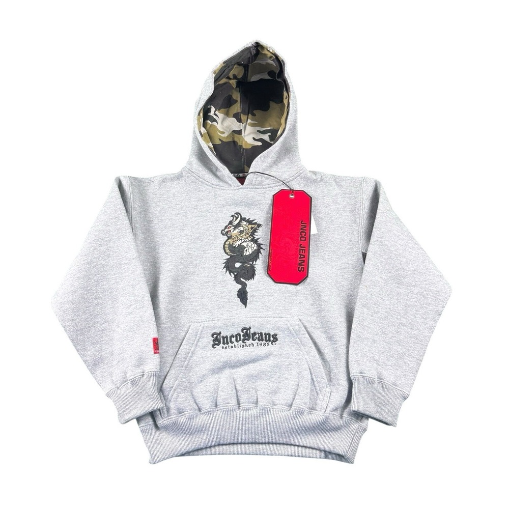 JNCO Jeans Co Boys Embroidered Dragon Y2K Hoodie Gray Camo Size Large NWT